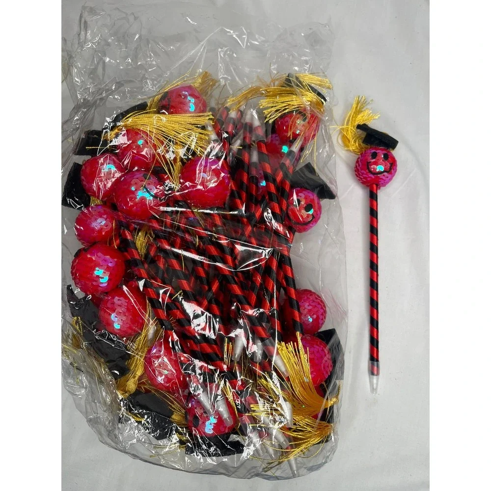 36 Pcs Graduation Novelty Pens Red Black Sequin Smiley Face‎ Mortarboard Tassel